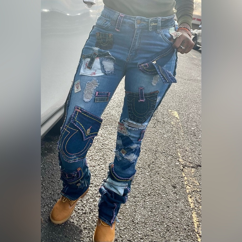 Custom True Religion Patchwork Stacked Jeans - image 1
